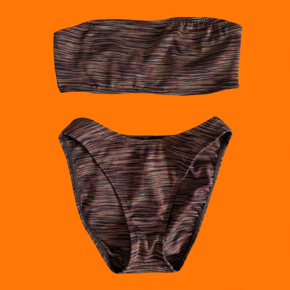 90's 00's vintage earthy brown striped tube top y2k high cut bikini Size 10